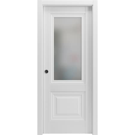 Sartodoors Sliding French Pocket Door 18 x 84in W/, White Silk W/ Frosted Glass, Kit Trims Rail Hardware LUCIA8822PD-WS-1884